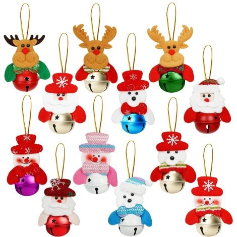 Ensemble de 12 clochettes en peluche pour sapin de Noël – Père Noël, bonhomme de neige, renne, ours, élan et autres figurines à suspendre – Déco sapin/portes pour maison ou fête de Noël.