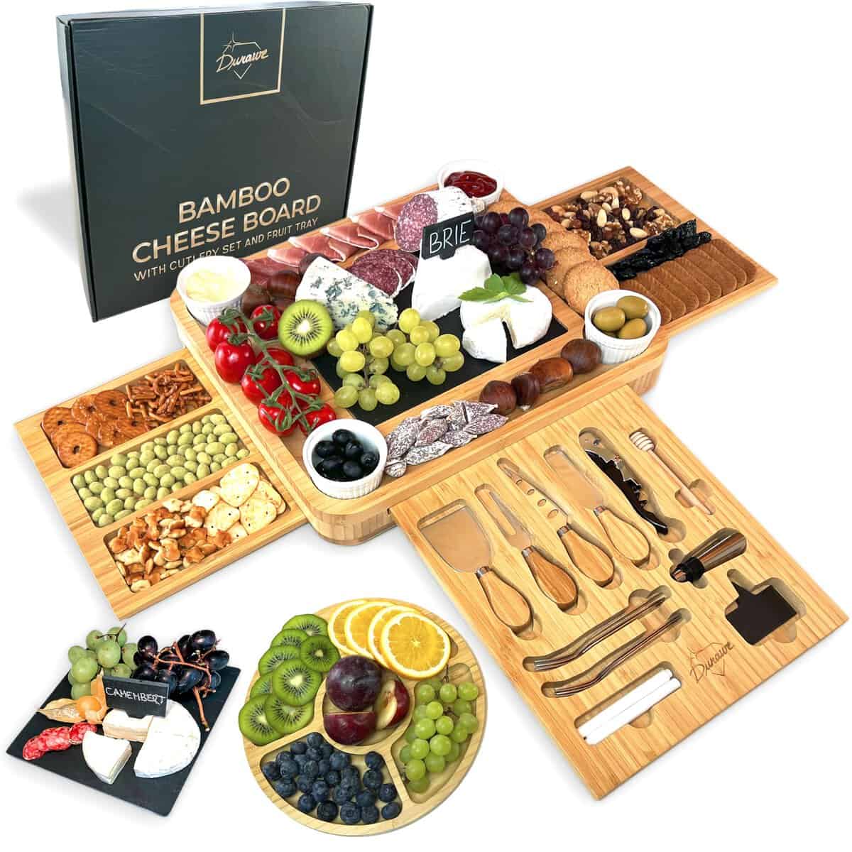 Plateau à Fromage en Bambou, Set de Couteaux, Bols en Céramique et Ouvre-vin - Plateau Charcuterie Bois, Choix Parfait pour Gourmets, Cadeaux d'anniversaire, Cadeaux de Noël pour Femmes, Très Grand