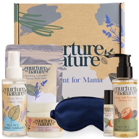 Nurture by Nature Coffret maman : beurre corps, huile douche, roll-on essentiel, sels bain Epsom, masque soie. Cadeau grossesse.