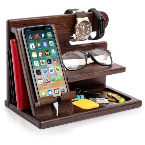 Organisateur de bureau en bois TESLYAR, idéal pour la fête des pères, Noël et anniversaires, avec support téléphone, montre et porte-monnaie.