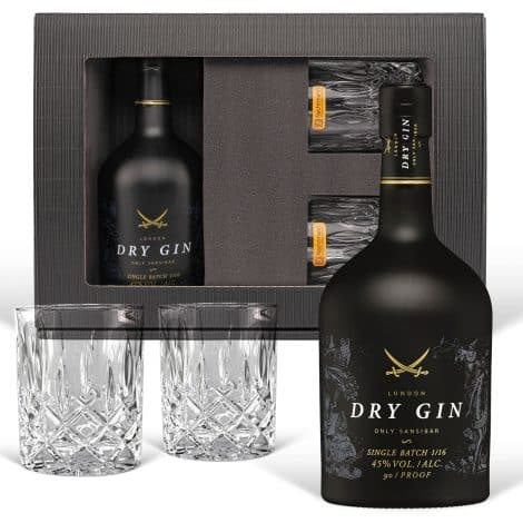 Ensemble exclusif: Zanzibar Luxury Dry Gin (0,7 l) avec 2 verres tumbler. L’essence du luxe pour les amateurs de gin.