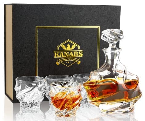 Coffret Whisky en cristal KANARS : carafe 750 ml et 4 verres 260 ml pour Scotch, Cognac, Martini.