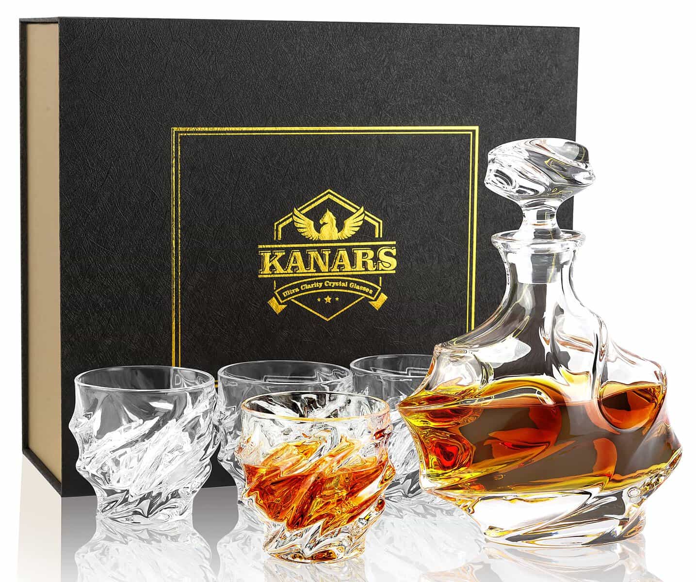 KANARS 5 Pièces Verres et Carafe Whisky, Décanter Cristal, 750 ml Bouteille avec 4x 260 ml Verre à Whiskey pour Scotch, Cognac, Martini, Whisky, Belle Boîte Cadeau Transparent