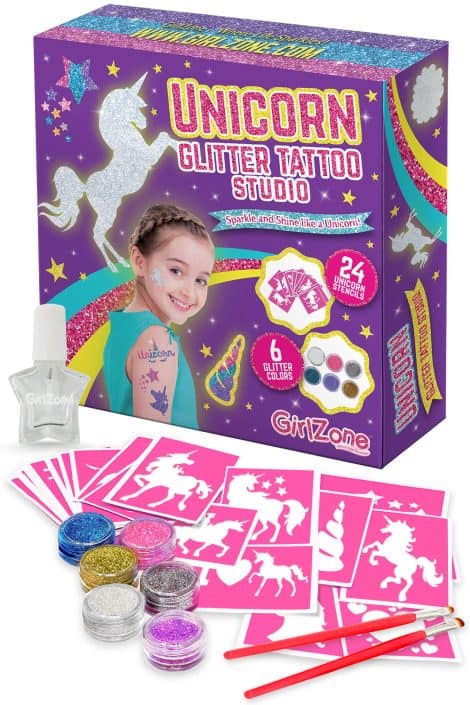 Kit de tatouage paillette enfant licorne, parfait pour cadeau anniversaire fille de 4 à 11 ans.