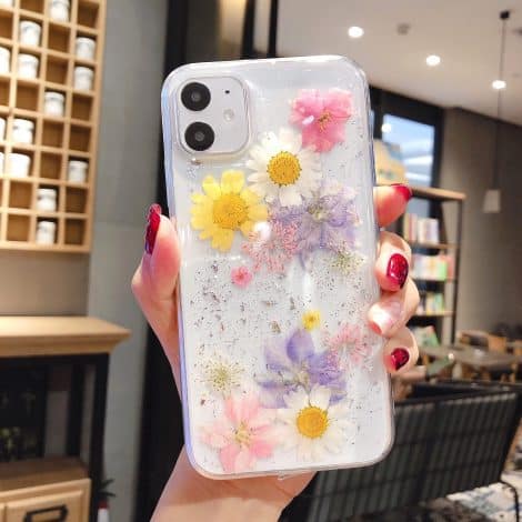 Coque pour iPhone XR avec de vraies fleurs séchées pressées, gel TPU souple, avec paillettes et motifs bleu et rose.