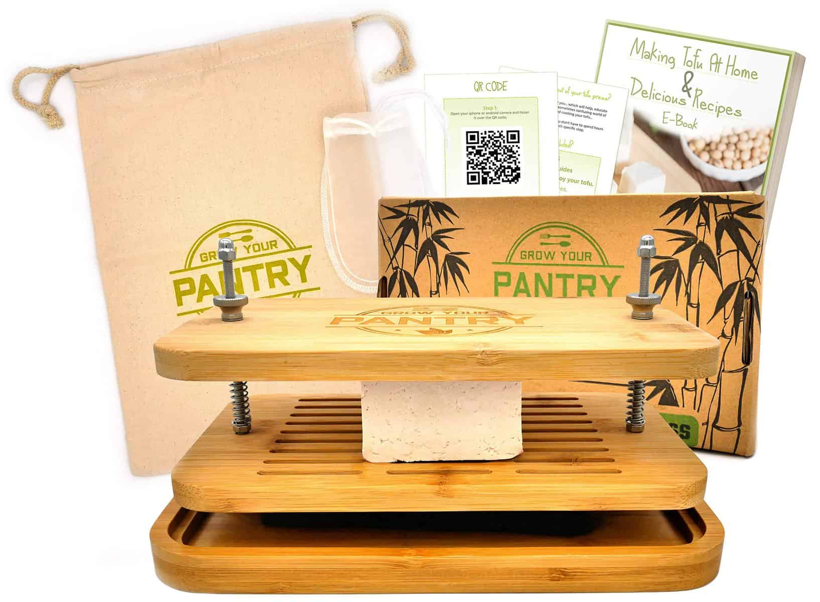 Grow Your Pantry Presse à tofu – Ensemble de cuisine facile et pratique pour tofu bio fait maison – Design en bois de bambou avec système de vis en acier inoxydable – avec guide de fabrication de