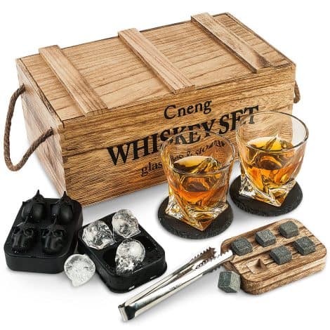 Coffret de verres à whisky avec 6 pierres à whisky et pinces, idéal pour hommes et femmes.