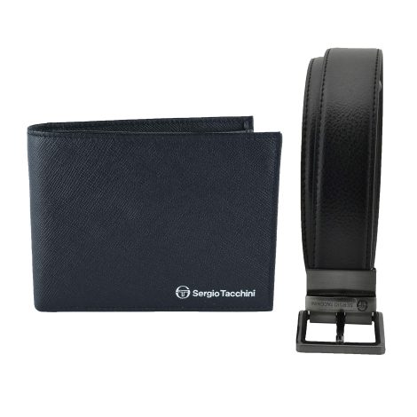 Ensemble cadeau pour homme Sergio Tacchini : ceinture réversible noir et marron et portefeuille en cuir véritable noir.