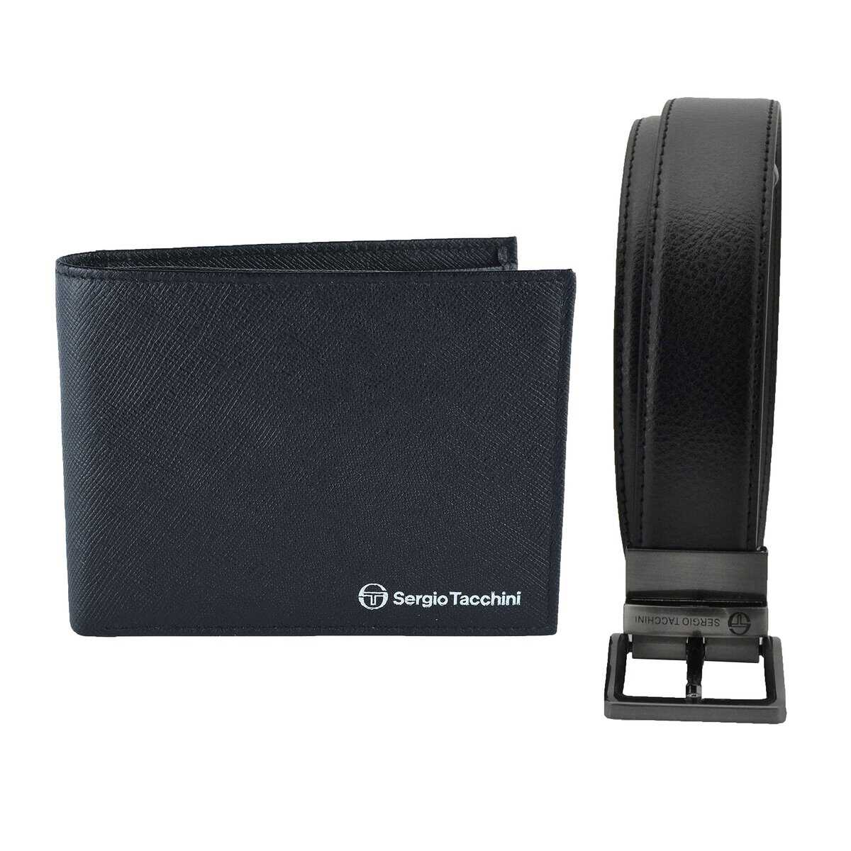 Sergio Tacchini Coffret cadeau homme, set ceinture réversible, noir et marron, et portefeuille noir en cuir véritable