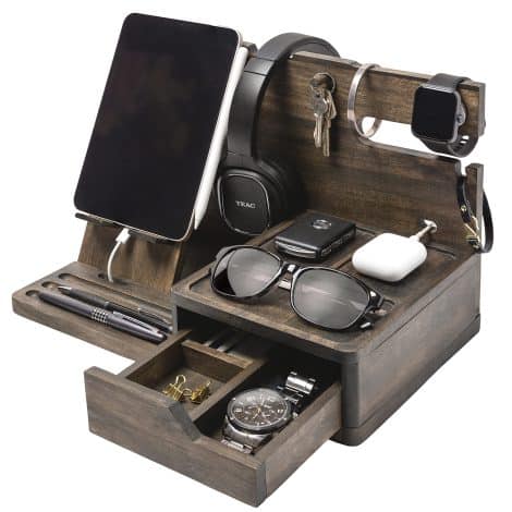 Organiseur de table de chevet en bois EcoLeafy – Station pour téléphone – Cadeaux parfaits pour hommes – Cadeau anniversaire papa/mari.