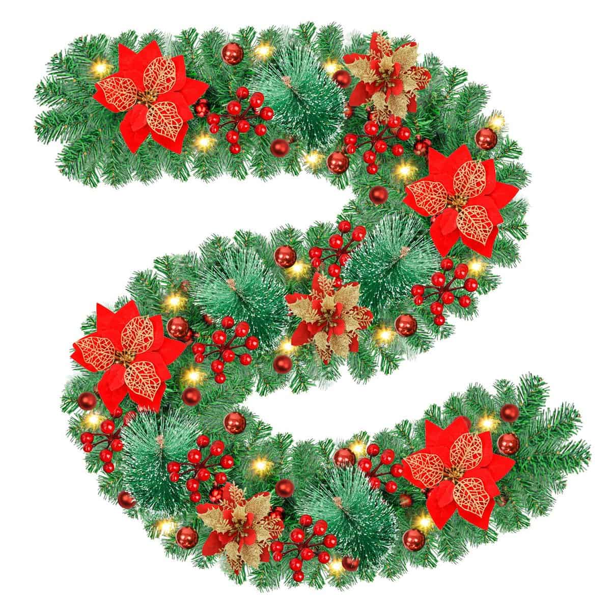 Timiyou Guirlande Noel, Guirlande Sapin Artificiel, Guirlande LED à Pile, Lierre Guirlande avec Boules, Fleurs et Baies Rouges, pour Escaliers Cheminées Portes, Decoration Noel Exterieur ou Interieur