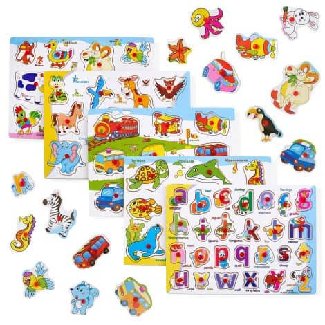 Les 5 Puzzles en Bois à Bouton pour Garçons & Filles – Jouet Éducatif Montessori – Cadeau pour Bébés, Tout-Petits & Enfants 1 2 3 4 Ans – Les Twiddlers