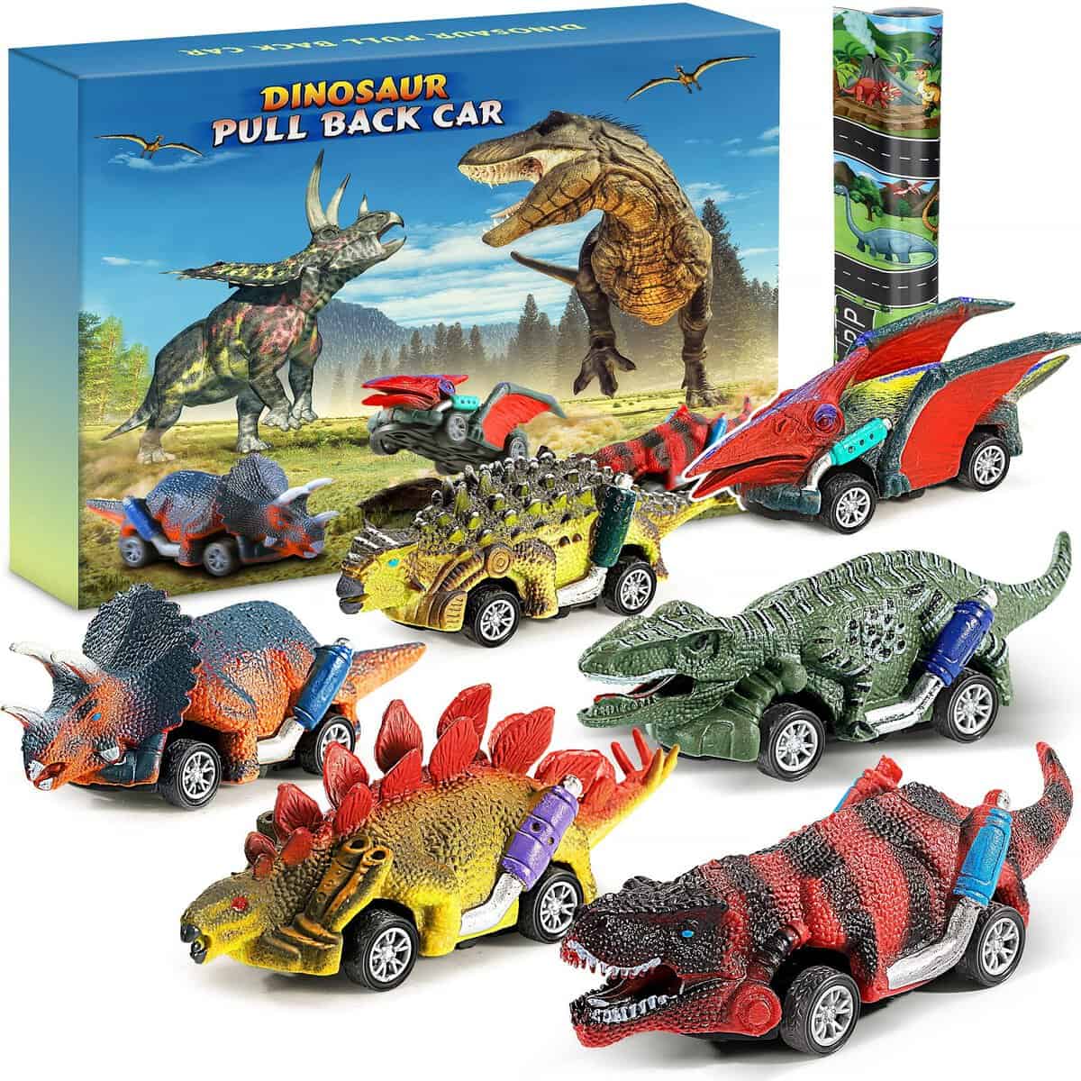 Jojoin Dinosaure Voiture Jouet - 6 Pack Dinosaure Voitures Jouet Friction avec Unique Tapis de Jeu Activité - Cadeaux de Jouets éducatifs pour Enfants Garçon Fille 3 4 5 6 7 8 Ans