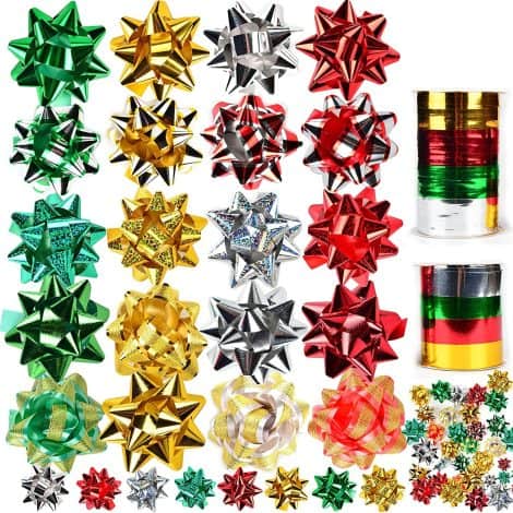 54 pièces de Noeuds et Rubans de Noël JOYIN avec 46 Noeuds Autocollants Multicolores et 8 Rouleaux de Rubans bouclés pour décorer vos Cadeaux et emballages.