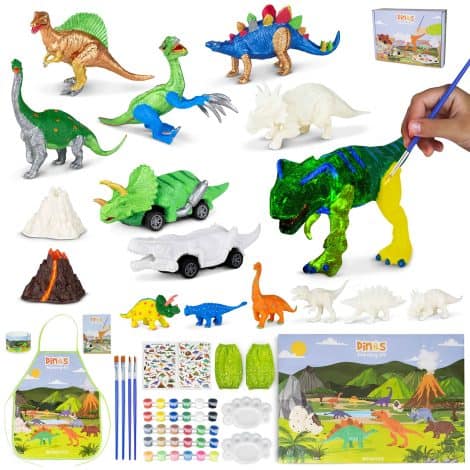 Kit de peinture Dinosaure Bonnyco avec 16 figurines phosphorescentes pour les enfants de 3 à 10 ans. Idéal cadeau anniversaire ou Noël.