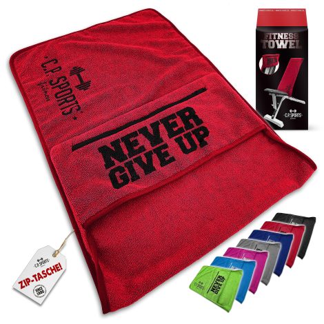 C.P.Sports C.P. SPORTS Serviette de Fitness en Microfibre Rouge | Fixation + Sac à Zip | Douce, Lavable, Grande | Gym, Sport | Hommes et Femmes.