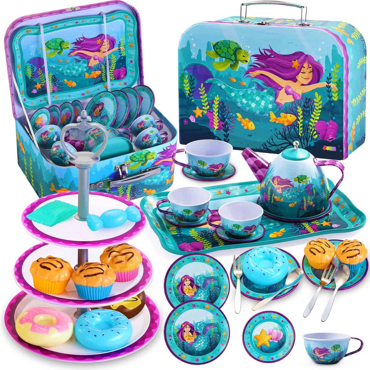 JOYIN Lot de 35 théières Sirène pour Petites Filles, Ensemble de théière en étain, Jouet de Cuisine Princess Tea Time Play avec Dessert, Cadeaux d'anniversaire pour Les Tout-Petits de 3 4 5 6 Ans